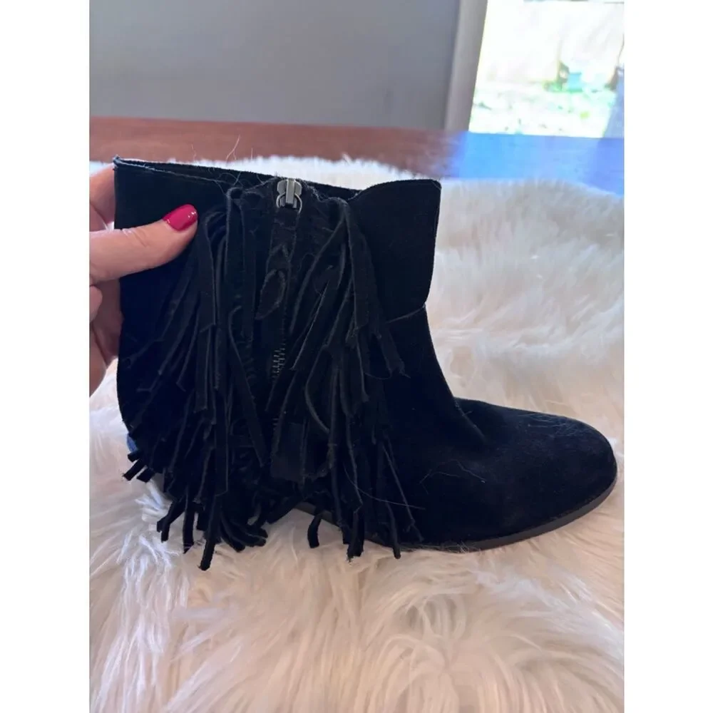 Cynthia Vincent Black Suede Fringe Ankle Boots